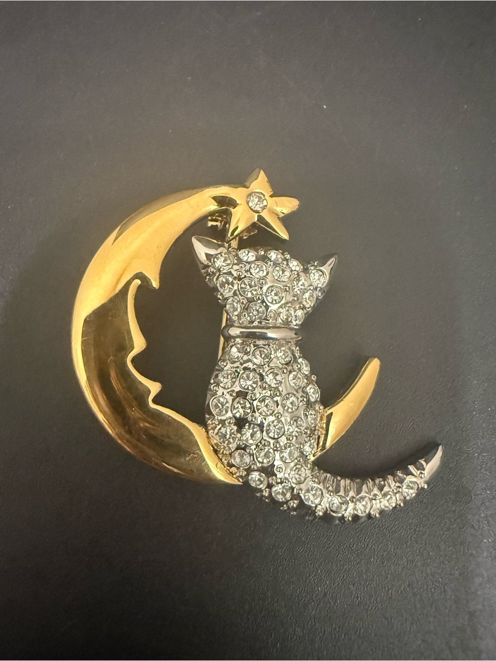 Vintage Unsigned Pave Crystal Cat Perched on Crescent Moon Brooch
